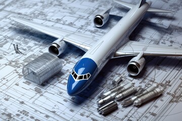 Poster - A model airplane sits on top of a blueprint, showcasing the art of aviation design. This versatile image can be used to illustrate concepts such as engineering, creativity, hobbies, or even career asp
