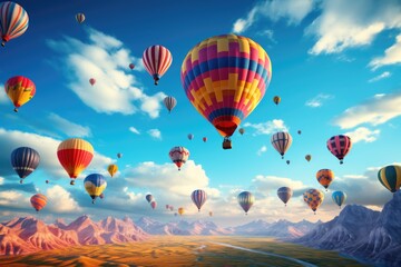 Poster - A group of hot air balloons soaring through the sky. This image can be used to depict adventure, travel, or a sense of freedom. Perfect for travel brochures, posters, or websites.