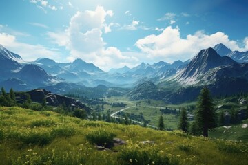 Poster - A picturesque view of a valley with majestic mountains in the background. Ideal for travel brochures and nature-themed designs.