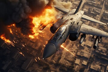 Poster - A powerful fighter jet soars through the sky above a city consumed by flames. This intense image captures the chaos and destruction of a city on fire. Perfect for illustrating disaster scenarios or sh