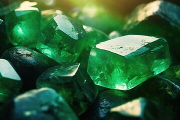 Poster - A pile of green crystals stacked on top of each other. Perfect for adding a touch of elegance and mystique to any project.