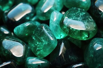 Sticker - A close-up view of a bunch of green stones. This image can be used to depict nature, gemstones, jewelry, or as a background texture for various design projects.