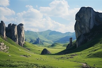 Poster - A picturesque view of a green valley with rocks and grass in the foreground. This image can be used to depict nature, landscapes, outdoor activities, and peaceful scenery.