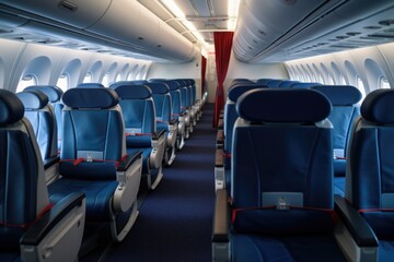 Poster - A row of blue seats in an airplane. Ideal for travel and transportation concepts.