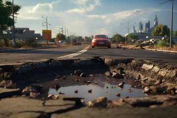 Aufkleber - A red car is seen driving down a road next to a pot hole. This image can be used to illustrate road hazards and the need for careful driving.