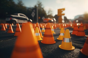 Poster - A group of traffic cones sitting on the side of a road. Can be used to represent construction, roadwork, or safety precautions.