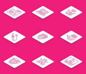 Poster - Set line Motherboard digital chip, Creating robot, Robot, Soldering iron, burned out, Mechanical hand, and Mars rover icon. Vector