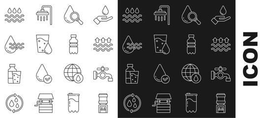 Sticker - Set line Water cooler, tap, Waves of water and evaporation, Drop magnifying glass, Glass with, Recycle clean aqua, drop and Bottle icon. Vector