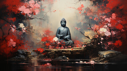 Wall Mural - Buddha sitting in harmony traditional Chinese Painting