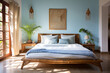 A tranquil bedroom designed according to the South - East Vastu Dosh remedies, pale blue walls painted with organic paints