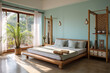 A tranquil bedroom designed according to the South - East Vastu Dosh remedies, pale blue walls painted with organic paints