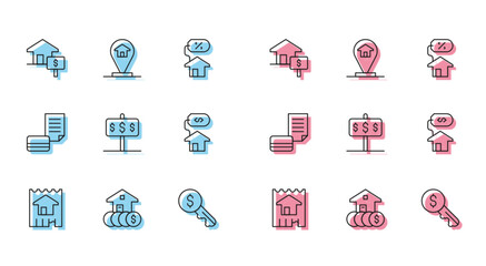 Sticker - Set line House, with dollar, Rent key, Credit card and Location house icon. Vector