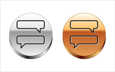 Sticker - Black line Speech bubble chat icon isolated on white background. Message icon. Communication or comment chat symbol. Silver-gold circle button. Vector Illustration