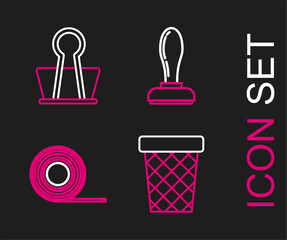 Poster - Set line Trash can, Scotch, Stamp and Binder clip icon. Vector