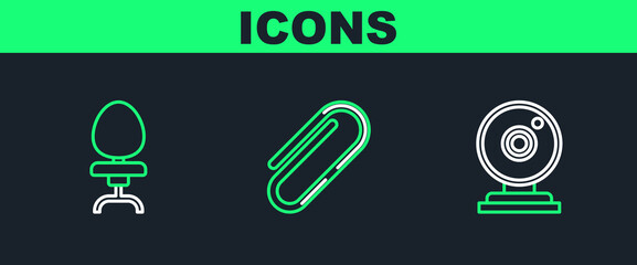 Sticker - Set line Web camera, Office chair and Paper clip icon. Vector