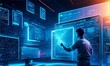 Futuristic Data Center. Surveillance Center illustration. Digital Work Environment. Engineer in Futuristic Neon Environment.