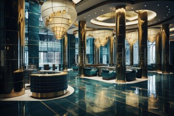 Poster - A grand room with numerous columns and a stunning chandelier. Perfect for adding an elegant touch to any project or design.