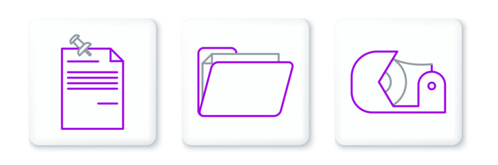 Poster - Set line Scotch, Note paper with pinned pushbutton and Document folder icon. Vector