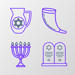 Poster - Set line Tombstone with star of david, Hanukkah menorah, Traditional ram horn, shofar and Decanter icon. Vector