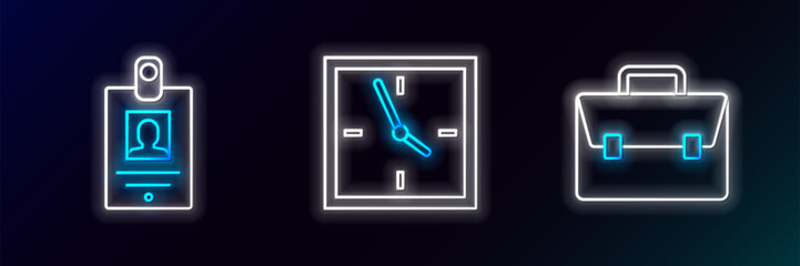 Wall Mural - set line briefcase, identification badge and clock icon. glowing neon. vector