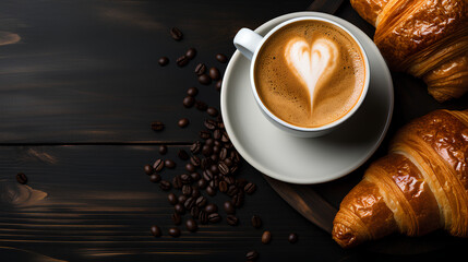 Wall Mural - Coffee cup and croissants on a wooden table.