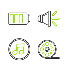 Sticker - Set line Film reel, Music note, tone, Speaker volume and Battery charge level indicator icon. Vector