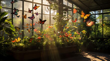 A Lush Tropical Greenhouse With Exotic Plants In Vibrant Colors And Multicolored Butterflies Fluttering Above. Sunlight Filters Through The Canopy, Creating A Soothing Tropical Ambiance