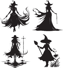 Silhouette witch in hat  Halloween vector icon illustration Halloween witch isolated on white background  