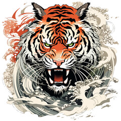  Bengalischer Tiger-Kopf mit Japanischen Wellen im Asiatischen Kunst-Stil bereit zum Angriff