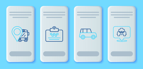 Set line Taxi driver license, Car, Location with bus and taxi icon. Vector