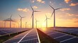 scenic sunset glow on modern wind turbines and solar panels – eco-friendly renewable energy