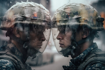 Wall Mural - Tow soldiers standing face to face on battle field