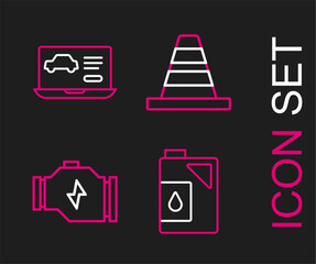 Poster - Set line Canister for motor oil, Check engine, Traffic cone and Diagnostics condition of car icon. Vector