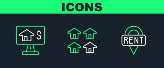 Poster - set line location key, online real estate and real icon. vector