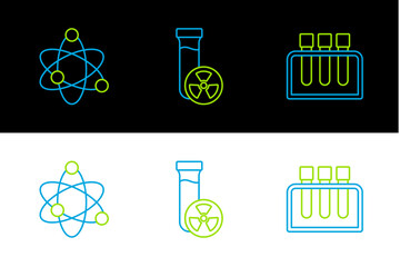 Sticker - Set line Test tube, Atom and with toxic liquid icon. Vector