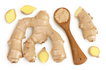 Wall Mural - fresh ginger and ground ginger in wooden spoon spice isolated on white background. Top view. Flat lay