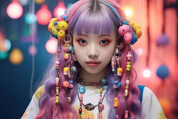 close up portrait of teenage girl wearing colorful make up and hair accessories, street fashion fun style, Generative Ai