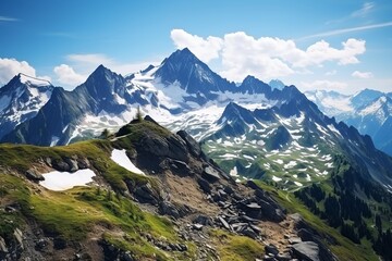 Wall Mural - a landscape photo of the Mount Alps, sunny weather. Ultra wide shot, wide angle lens, beautiful, breath taking