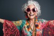 close up portrait of happy senior elderly woman  wearing fancy colorful crochet boho outfit, happy Silver Gen retire concept, youthful lifestyle, Generative Ai