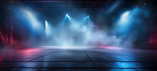 Wall Mural - concert event stage with pink blue spotlights shine on floor with dry ice fog, Generative Ai