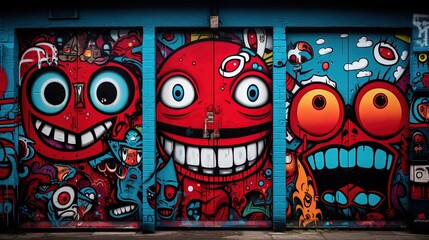 Wall Mural - graffiti on wall cartoon design, funny face and alien things, Generative ai
