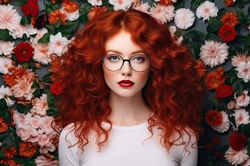 Beautiful young woman with red curly hair, flawless makeup and luxurious studio portrait with floral background.