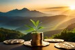 Craft a story about a community rallying behind a local business committed to ESG principles, symbolized by the flourishing plants growing on stacks of coins and a prominent digital ESG graph