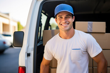  A  smiling guy dressed in a yellow uniform delivering packages