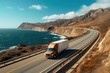 A Delivery Truck on Highway One road in California traveling to deliver the shipment.
