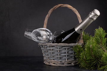 Wall Mural - Basket with champagne, Christmas fir tree