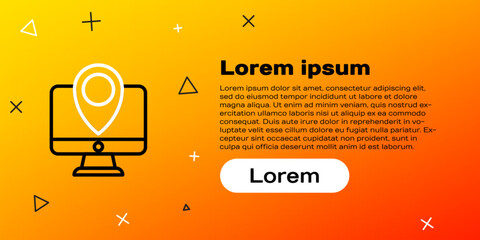 Poster - Line Computer monitor and folded map with location marker icon isolated on yellow background. Colorful outline concept. Vector