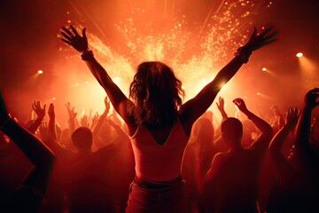 Girl DJ in club and people dancing in electronic music, techno or raving in laser spotlight. Night club crowd dance with hands up in cinematic photography style