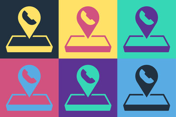 Poster - Pop art Map pointer with telephone or communication icon isolated on color background. Call center location. Vector