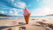 © MadSwordfish - Product photograph of Icecream cup in the sand on a tropical beach. Sunlight. Pink color palette. Drinks.